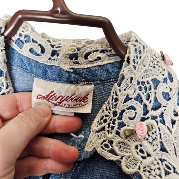 Vintage Storybook Heirloom Childs Denim Midi Dress Lace Collar Floral USA Size 8 - Picture 5 of 11